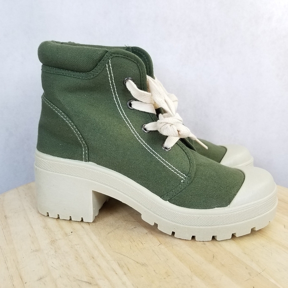 Army Green Combat Military Canvas Moto Biker Ankle Boots Lace-up Size 8 US NEW - Picture 1 of 9
